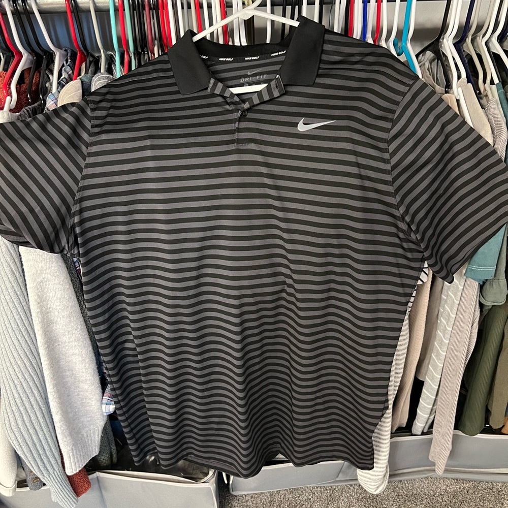 Nike Men's Black and Gray Striped Polo
